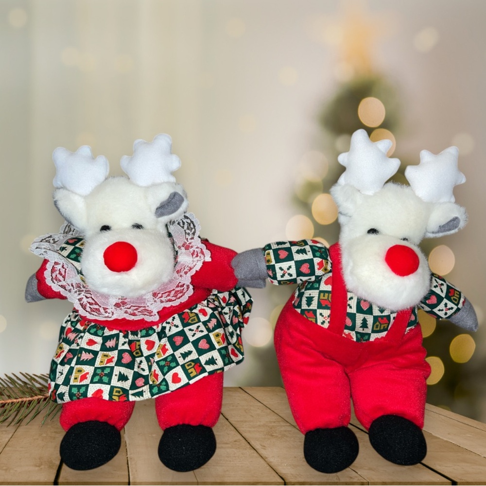 Vtg 1997 Kids Preferred Christmas White Reindeer Couple Stuffed Plush Red Velvet